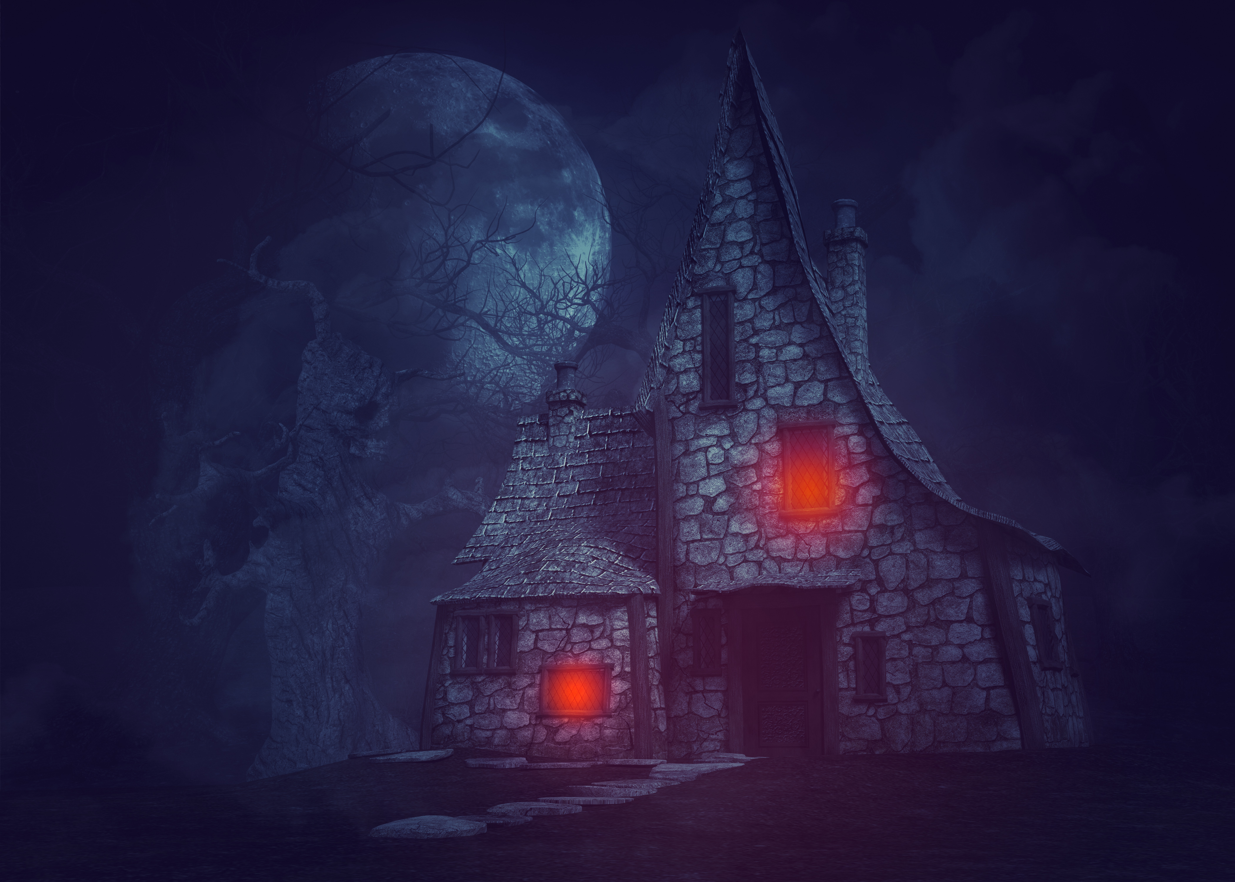 Creepy haunted house with moon behind it