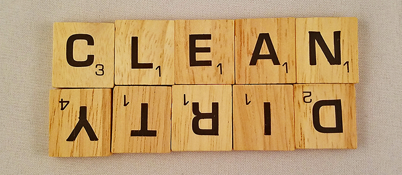 A dishwasher magnet with the Scrabble tiles for 'Dirty' and 'Clean'