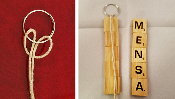 Left: Tying string to the keyring | Right: Laying out the necessary tiles for our keyring