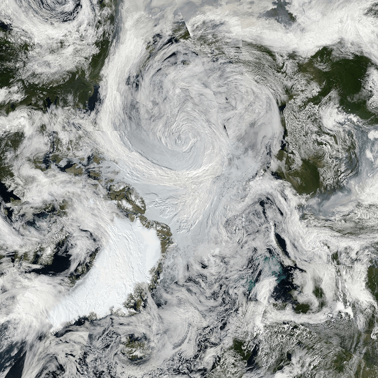 A satellite image of the Great Arctic Cyclone of 2012.