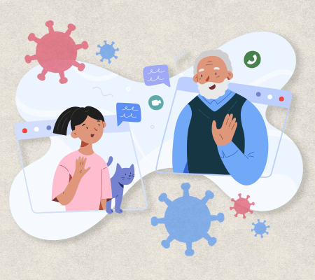 Illustration: Two people are video chatting, superimposed over call icons and virus illustrations